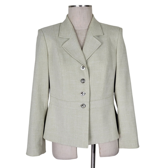 Kasper Petite Skirt Suit Size 10P Pale Green Peplum Blazer 4 Button Linen Blend - Picture 2 of 9